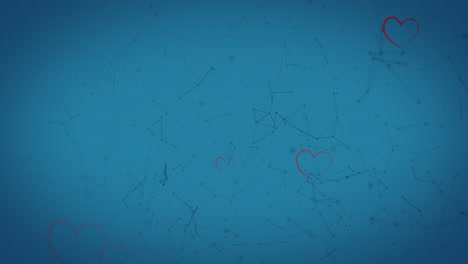 animation of grey ribbon hearts falling over flickering network of connections, on blue background