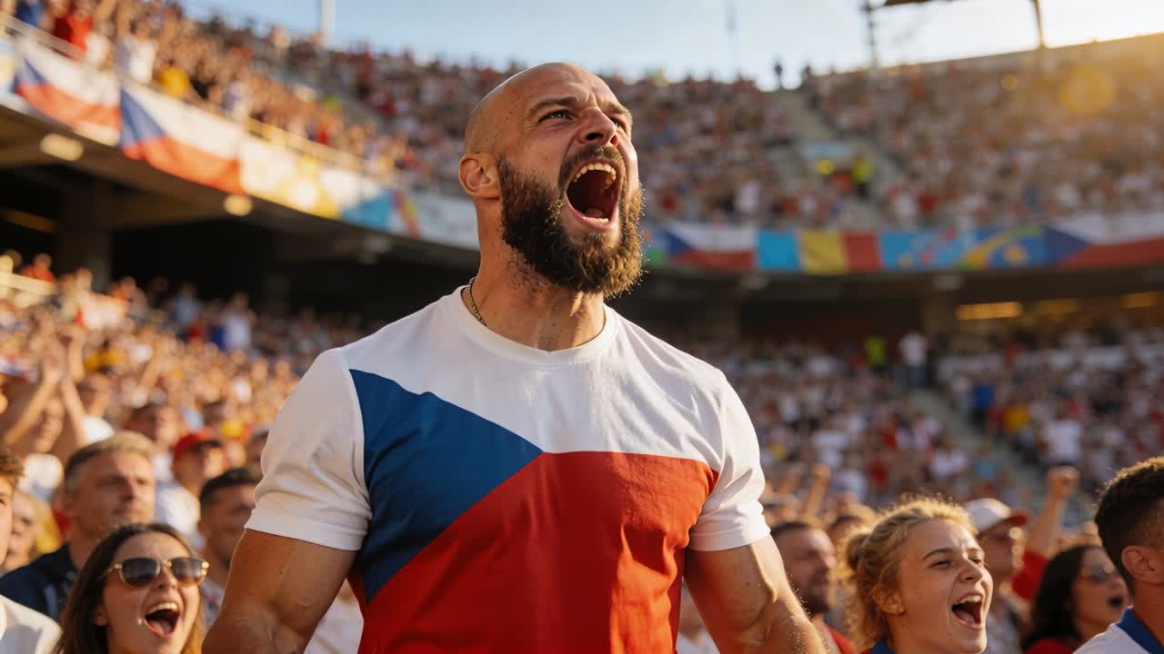 Aficionado barbudo gritando, con una camiseta de la bandera checa, reaccionando a un momento crucial del partido en el estadio, con banderas.