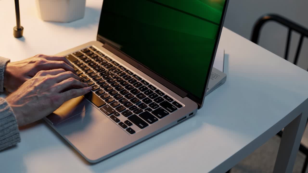 Angolazione dall'alto di mani che digitano su un laptop a una scrivania, catturando un'atmosfera di lavoro accogliente