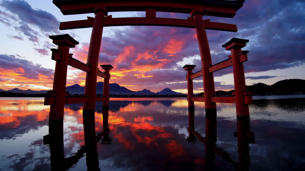 Torii-portti auringonlaskussa järven yllä