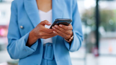 business woman, hands and phone typing