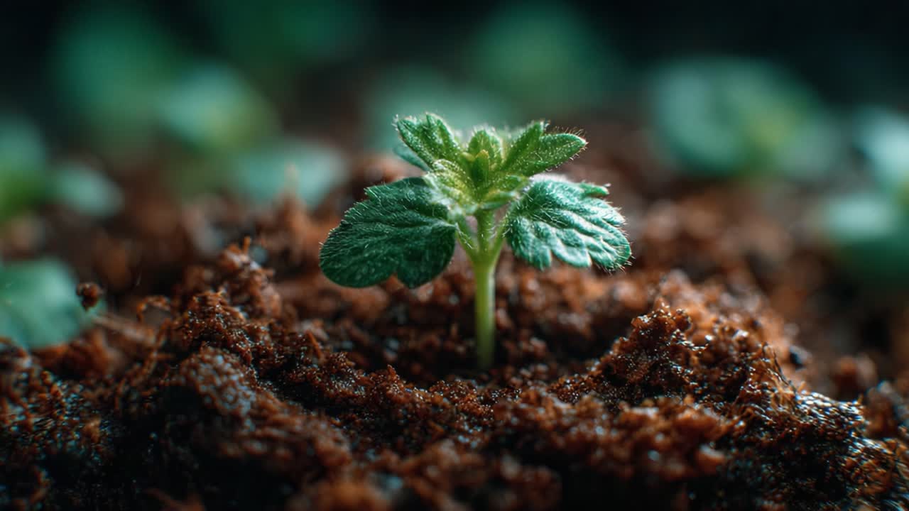 A Close-Up View of a Young Seedling Emerging from Rich, Fertile Soil: The Journey of Growth and New Life in the World of Plants