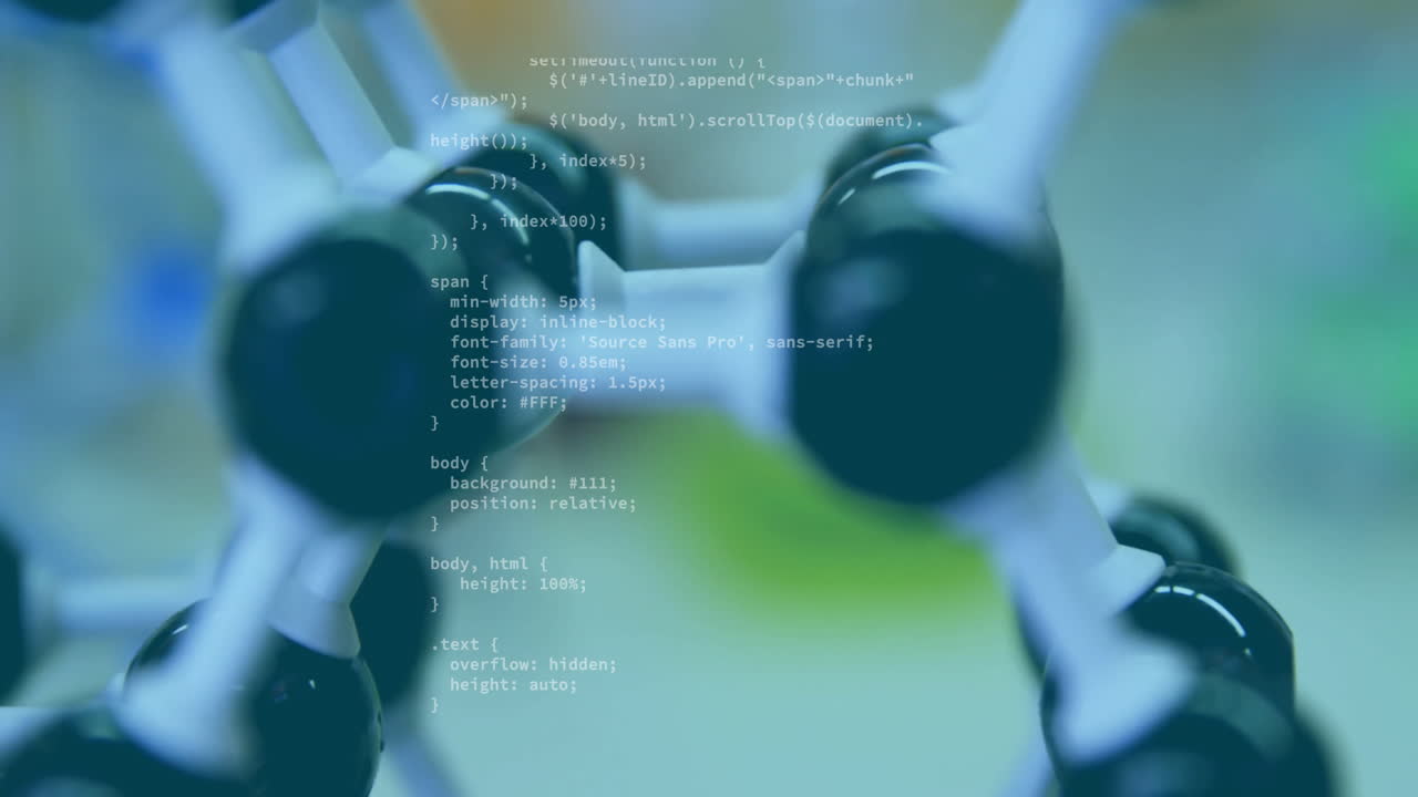 Programming code animation over blurred molecular structure in scientific background
