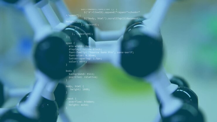 Programming code animation over blurred molecular structure in scientific background