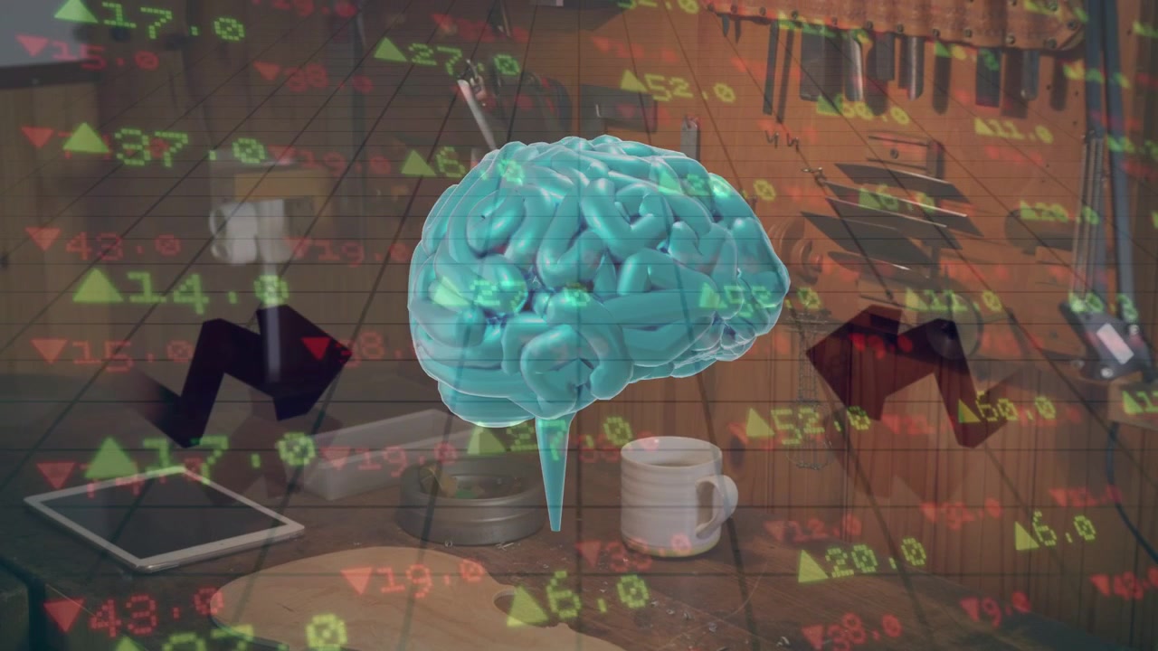 On playback starting 3D brain rotating and bobbing while market overlay moving, visualizing trends