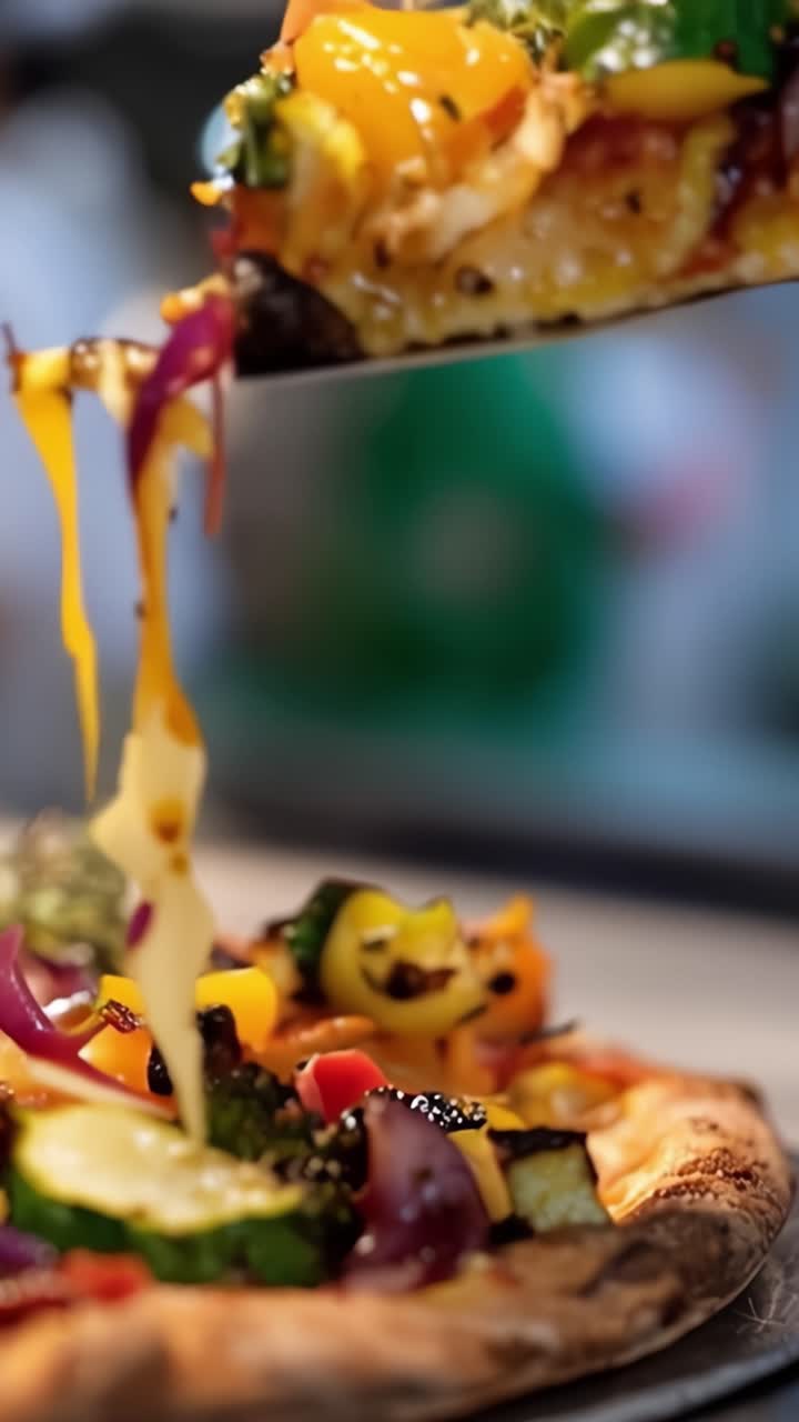 Una deliziosa fetta di pizza colorata e ricca di verdure grigliate: una prelibatezza perfetta per qualsiasi riunione o pasto, con ingredienti freschi e tanto sapore.