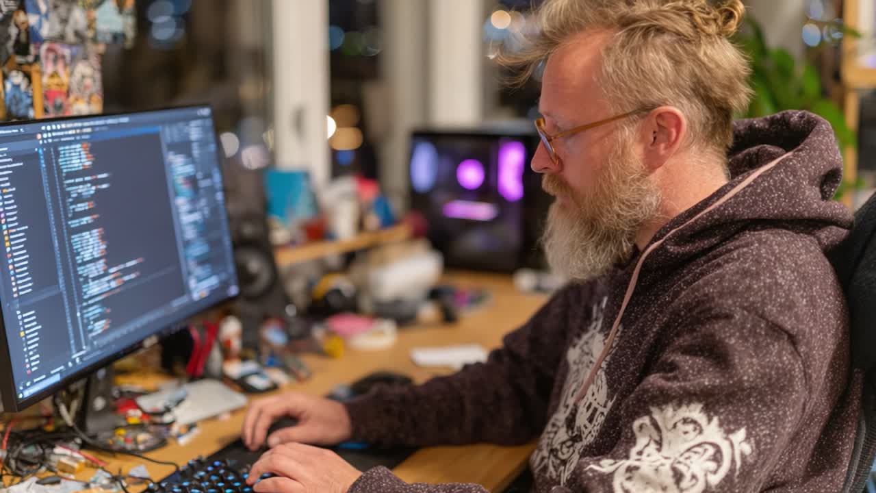 Focused Programmer Engaged in Coding at a Computer Desk Surrounded by Technology and Personal Effects in a Modern Workspace
