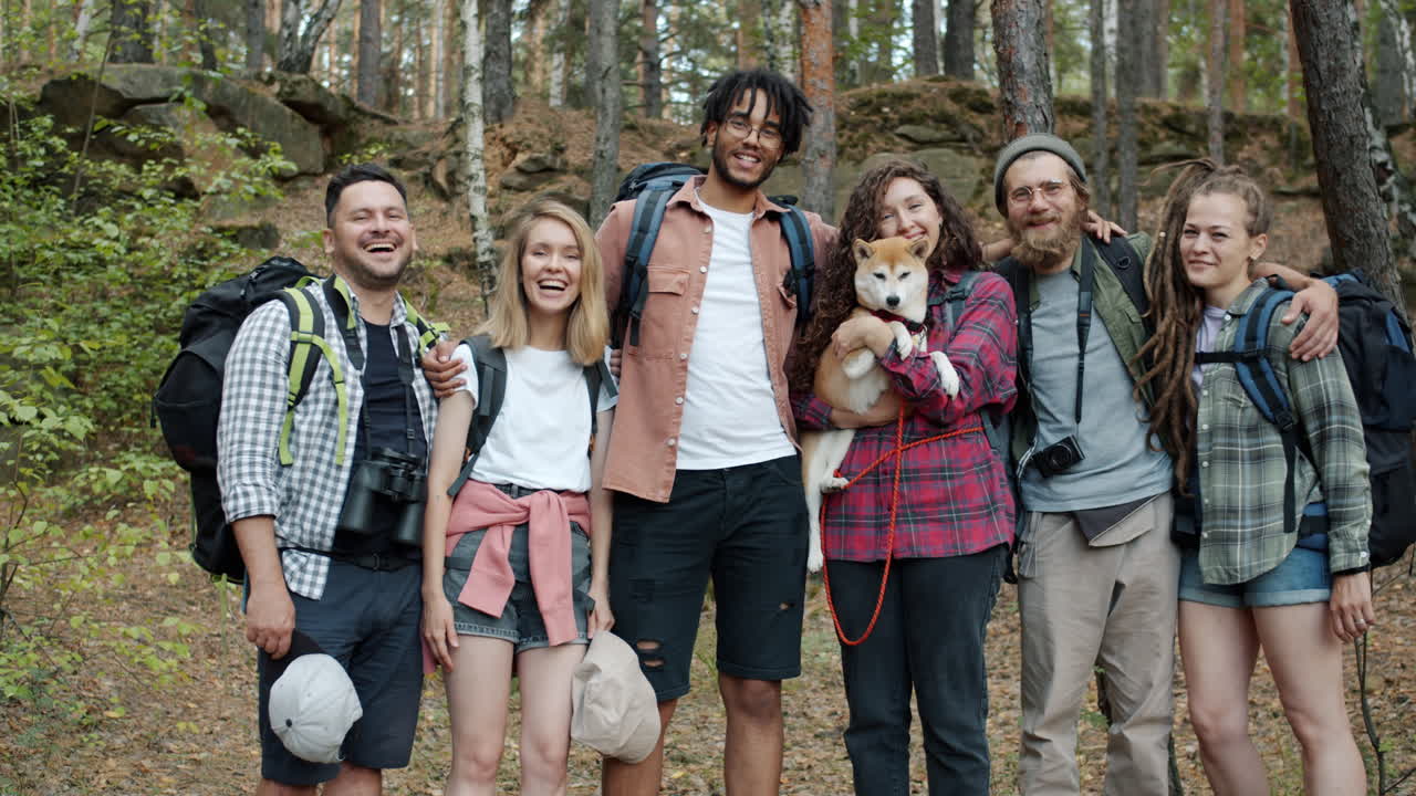Happy Friends Hiking in the Forest