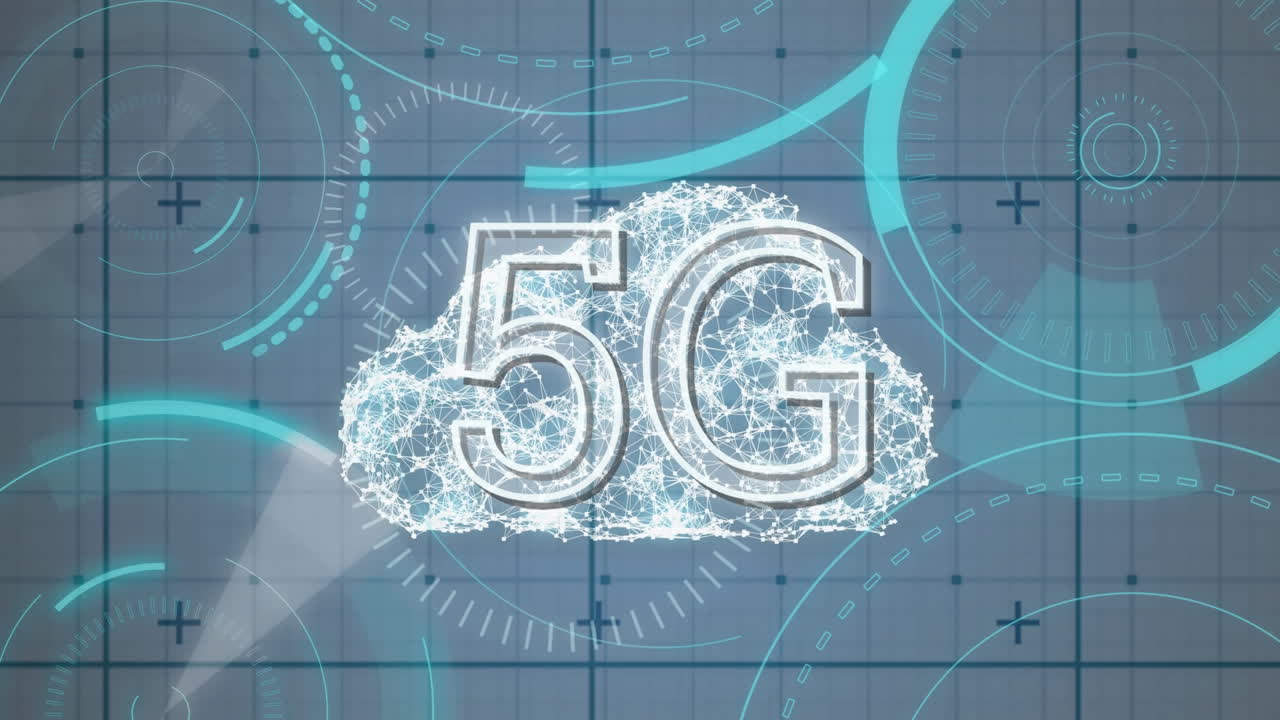 nuvola digitale dietro 5g scritta nel mezzo di un cerchio futuristico