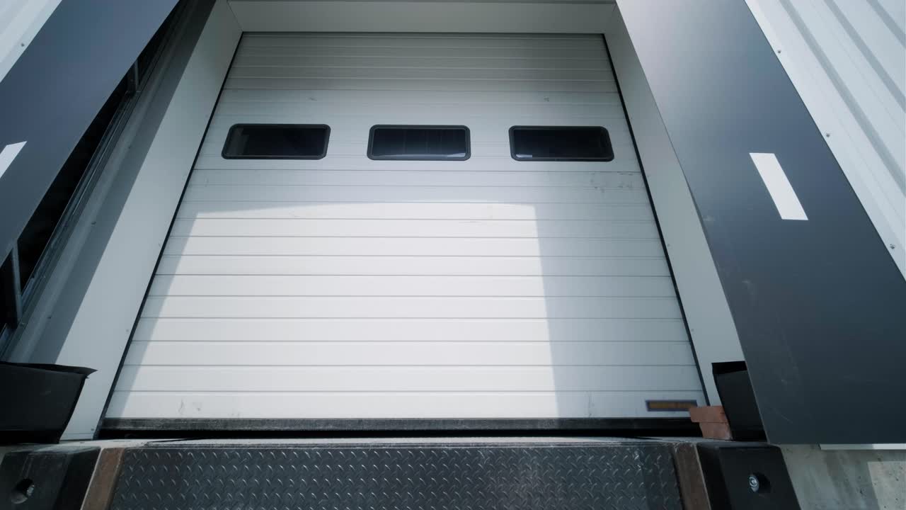 큰 창고에는 자동 게이트가 있습니다. 게이트는 큰 트럭에서 화물을 로딩하는 데 사용됩니다.