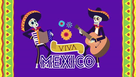 viva mexico animation with skulls mariachis playing guitar and accordion