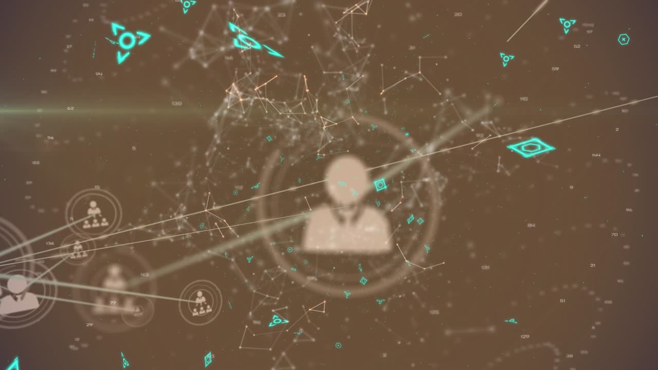 Animation of green shapes over network of connections with icons on black background