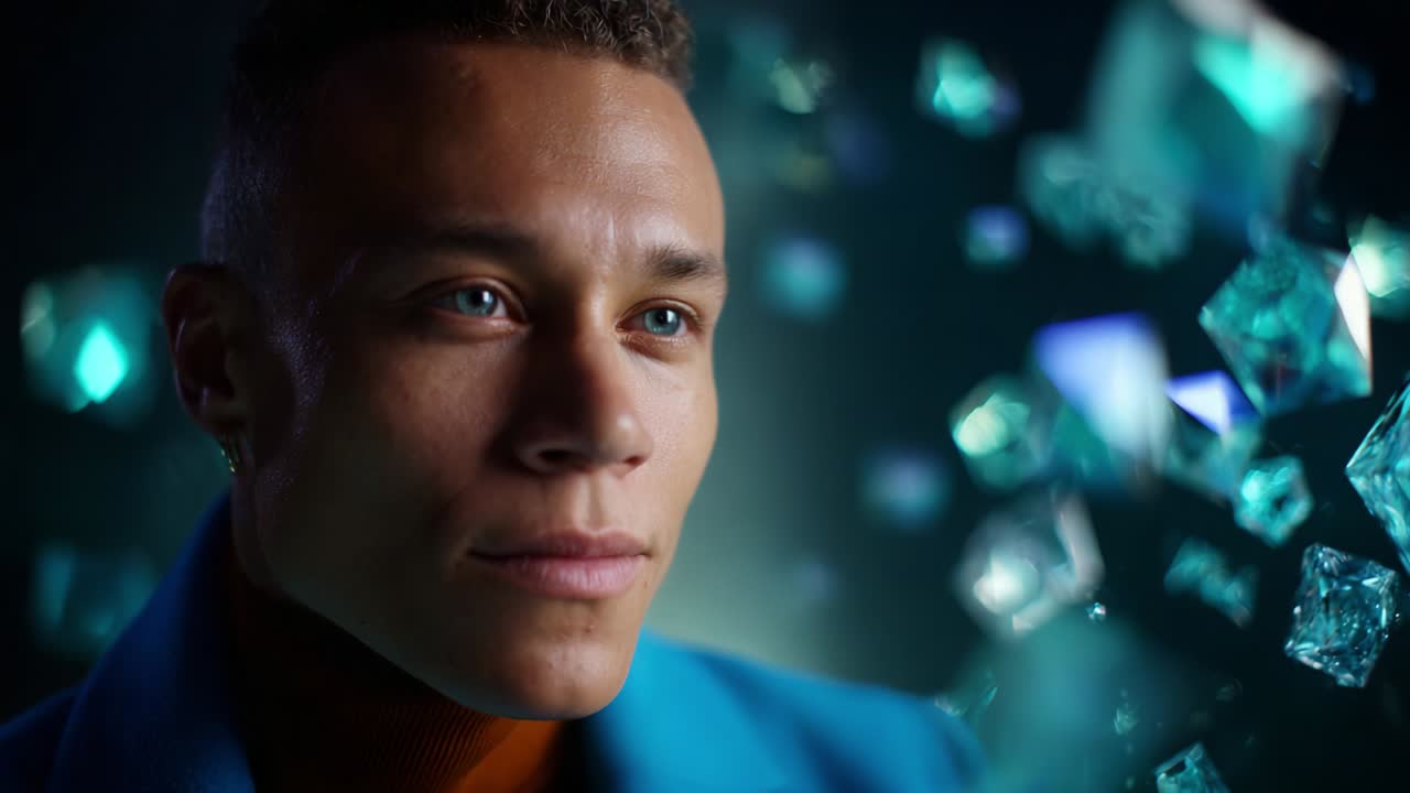 Captivating Journey of Expression: A Portrait Series Showcasing the Dynamic Transition of Emotions from Contemplation to Joy Amidst a Background of Shimmering Crystal-like Lights