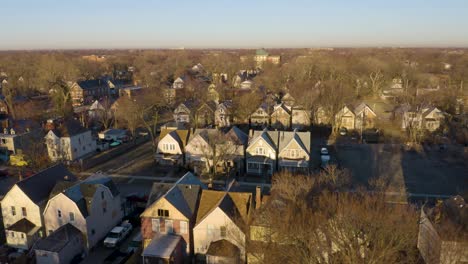 Low-Income-Urban-Community-in-Spring,-Aerial-Establishing-Shot