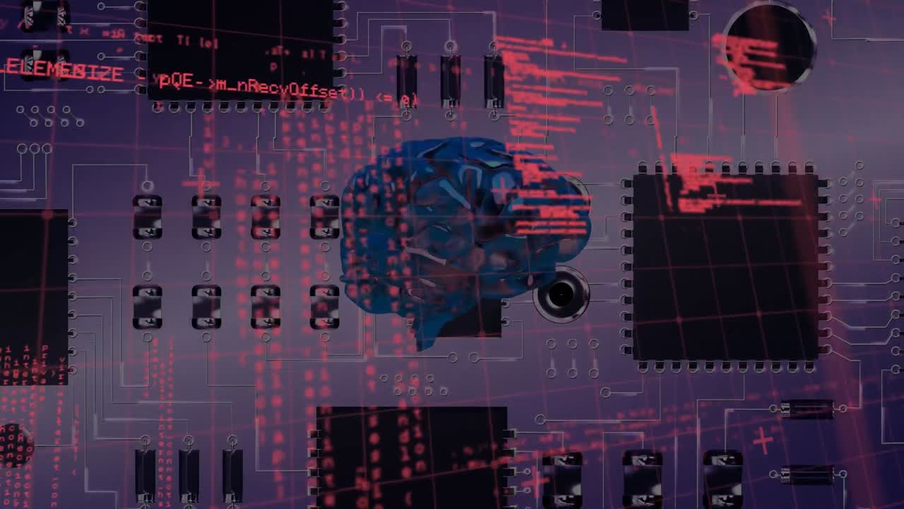 Animation of data processing over spinning human brain against close up of motherboard