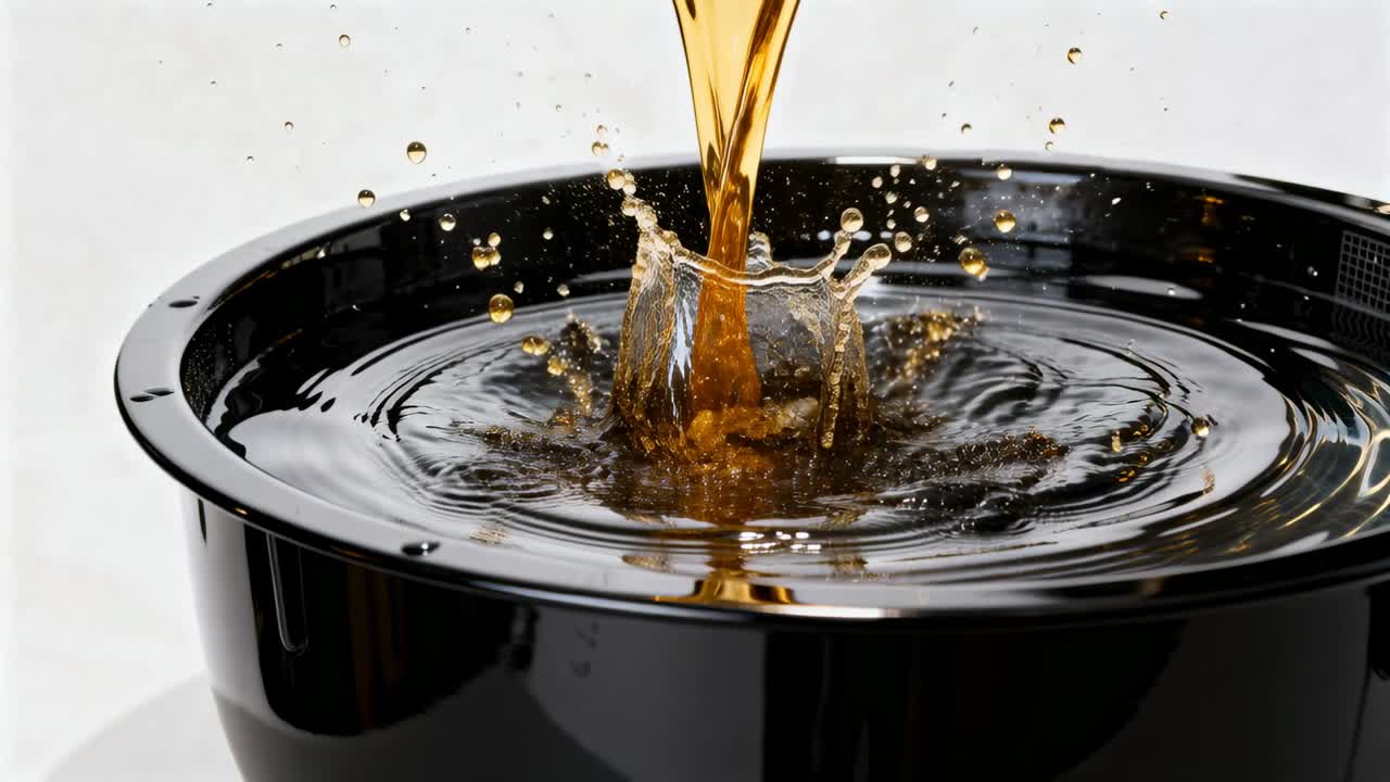 Pouring amber liquid contacting surface in studio, black container forming crown splash and ripples