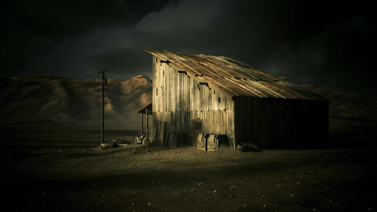 Secluded shelter with broken walls and flashing lightning in barren landscape