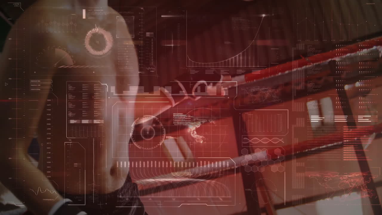 male boxer gripping red ropes inside ring as futuristic tech HUD displaying charts gauges world map