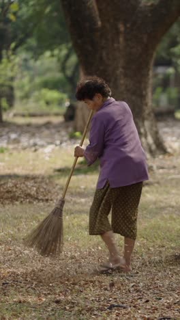 an elderly woman sweeping leaves with a broom