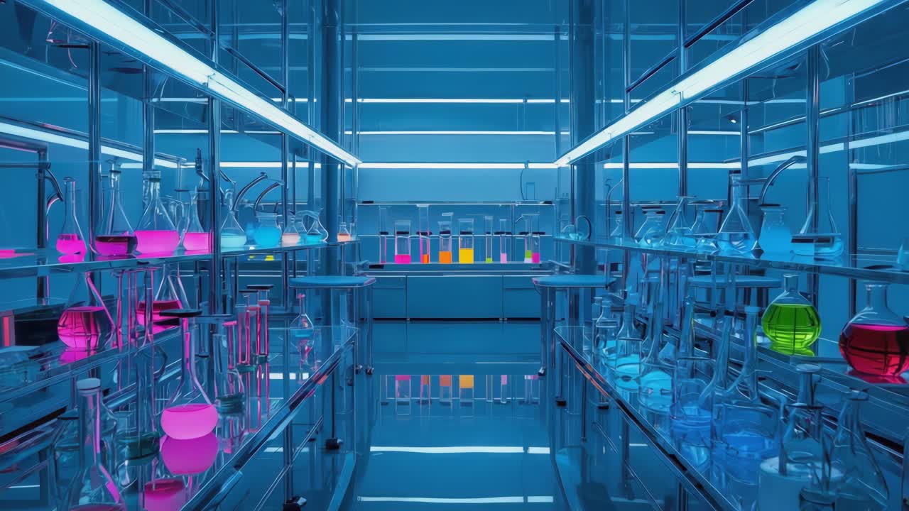 A laboratory filled with colorful liquids in beakers and test tubes