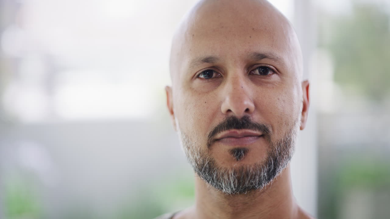 Closeup head and face portrait of one mature man