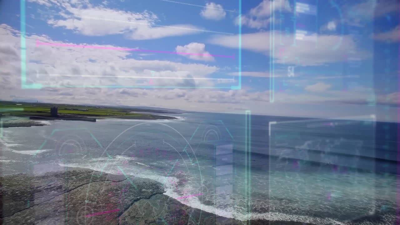 Coastal landscape with digital graphs and data processing animation over ocean