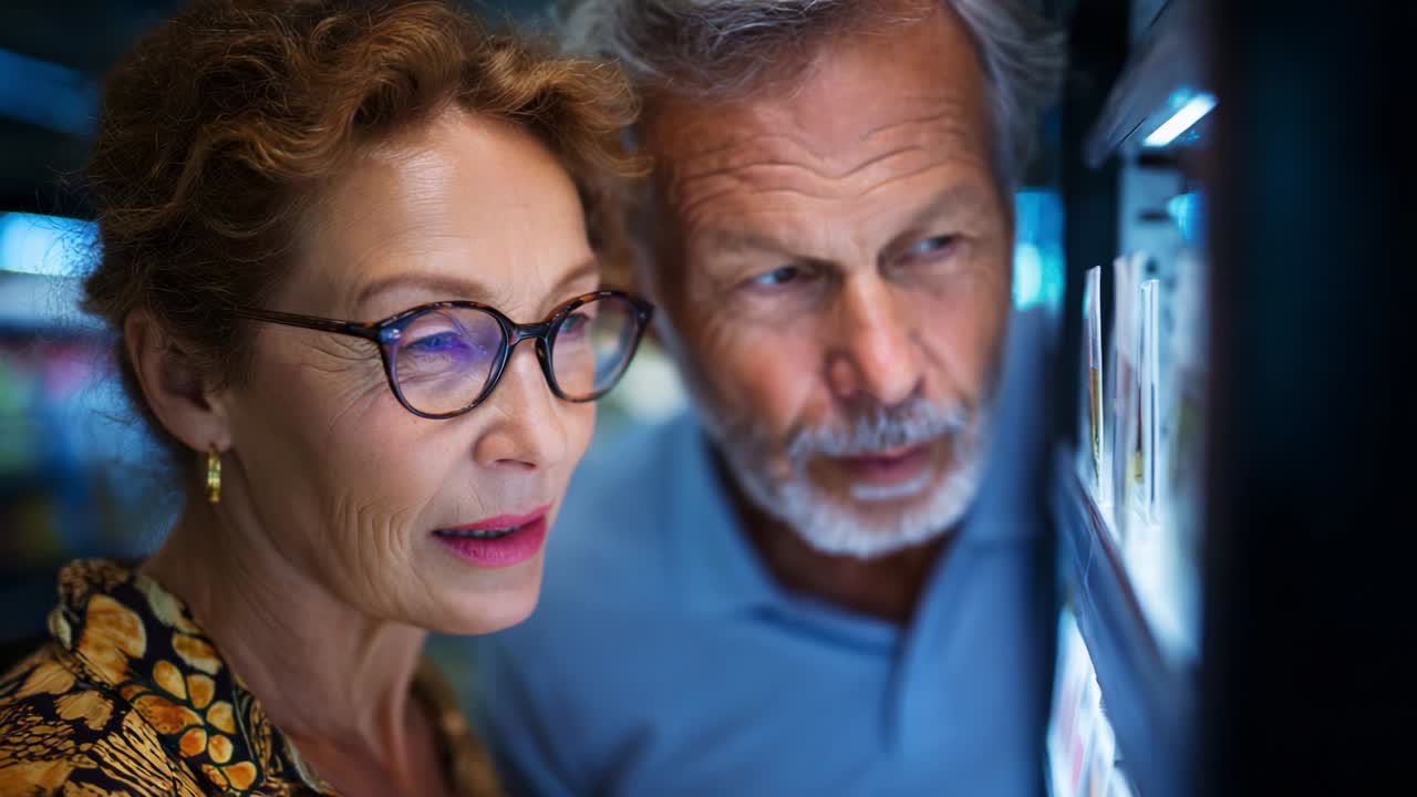A senior couple marvels at the vibrant display in a modern machine, captivated by the array of options available to them, embodying curiosity and connection in a bustling environment filled with possibilities