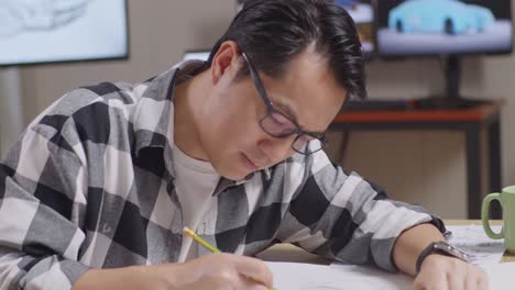 close up of asian male smiling to the camera while working on a car design sketch on table in the studio