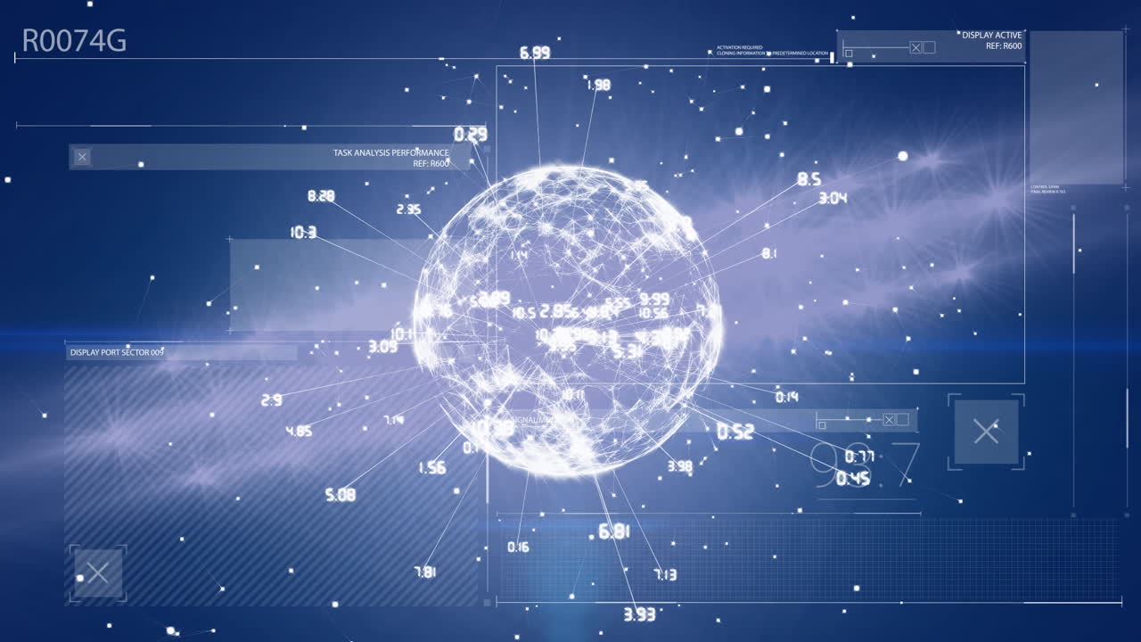 파란색 배경에 지구를 가진 데이터 처리의 애니메이션