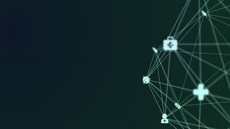 animation of digital interface and globe of network of connections with white icons turning on green