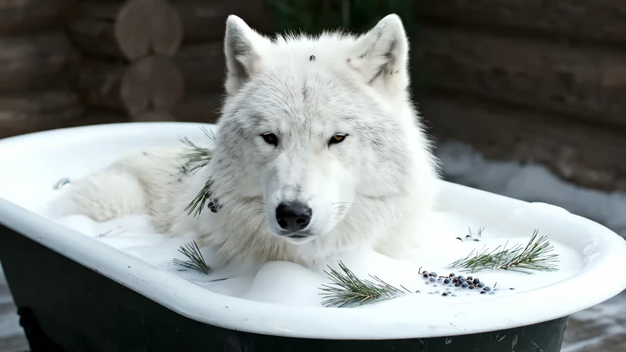 White Wolf Relaxing in a Bubble Bath