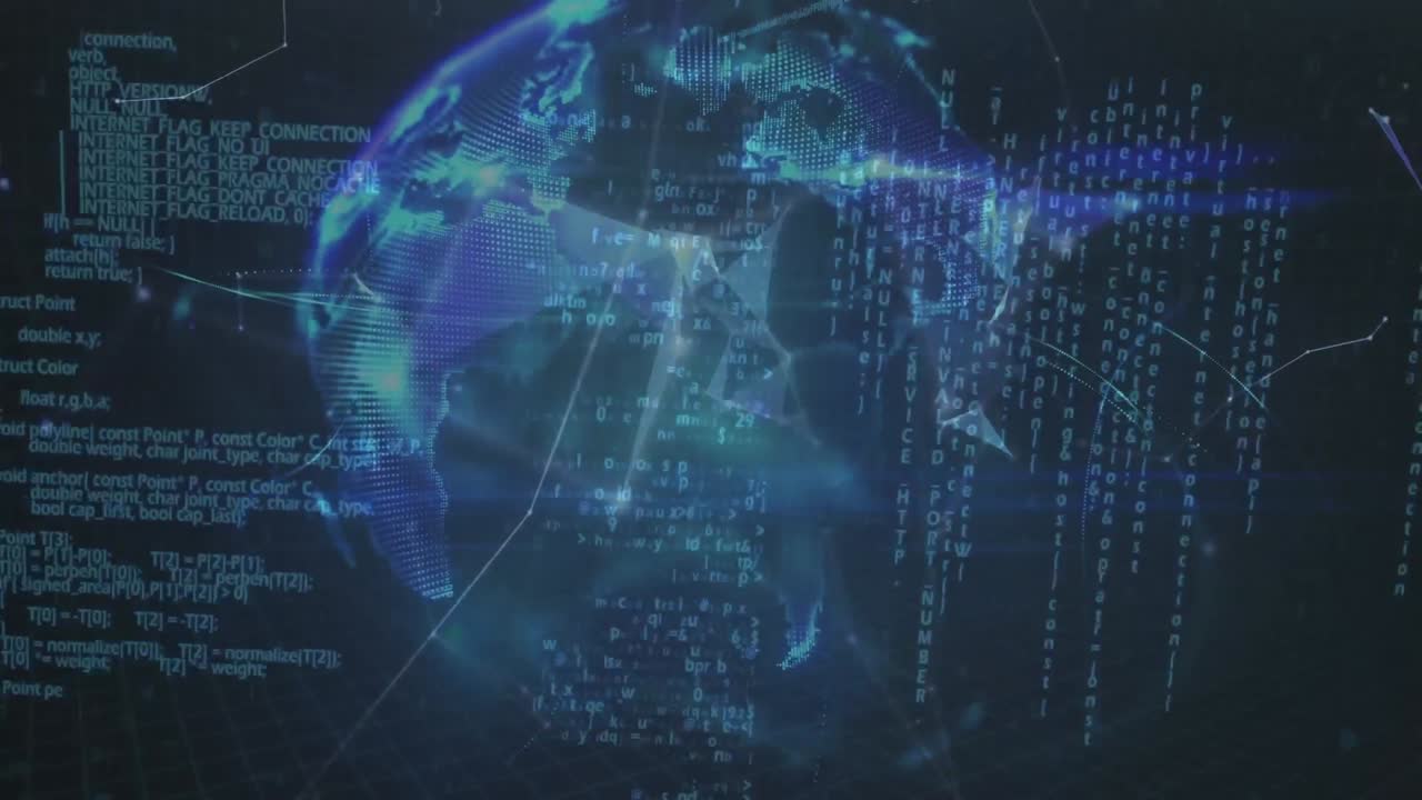 블루 스크린에서 전 세계에 걸쳐 다양한 그래프와 데이터 처리의 애니메이션