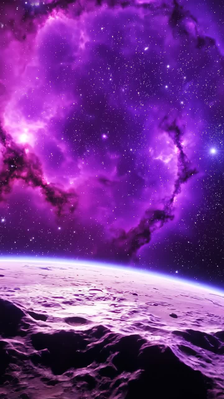 Un concepto de vídeo fascinante de una nebulosa púrpura sobre un planeta, capturado en contrapicado.