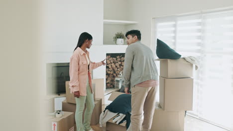 couple, new home and boxes for moving