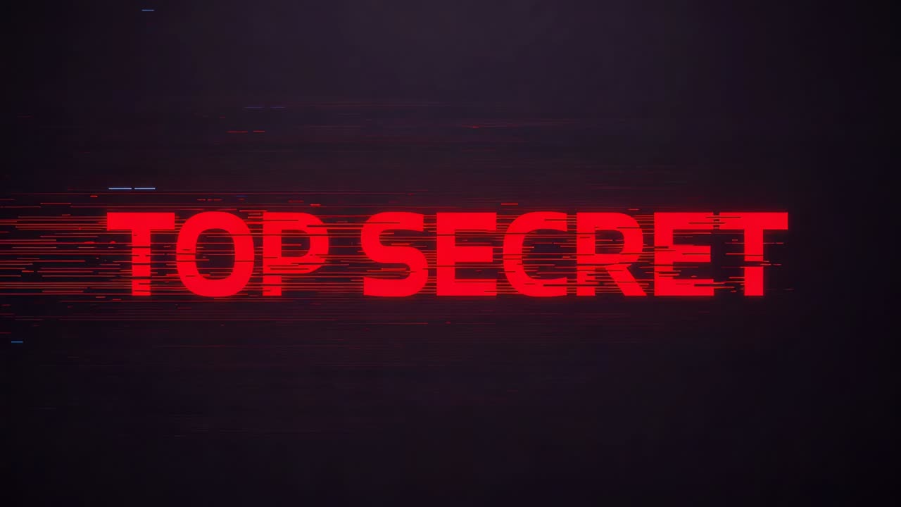 Displaying red TOP SECRET title with glitch lines, blue lines appearing on dark backdrop for reveal
