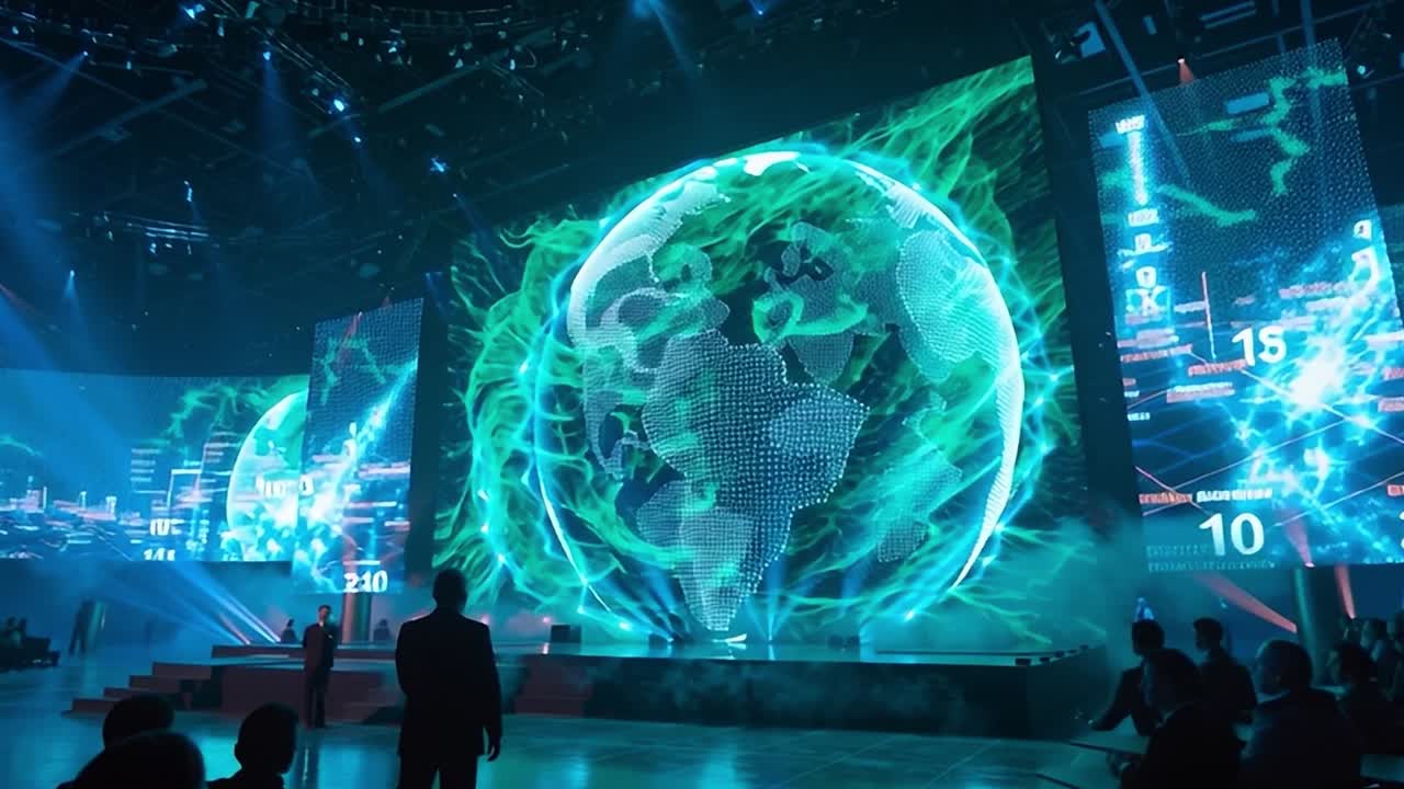 Large digital screens display a global theme at a tech conference event