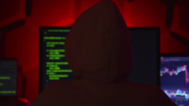 Hacker anonimo in una stanza buia con più monitor che scrive codice