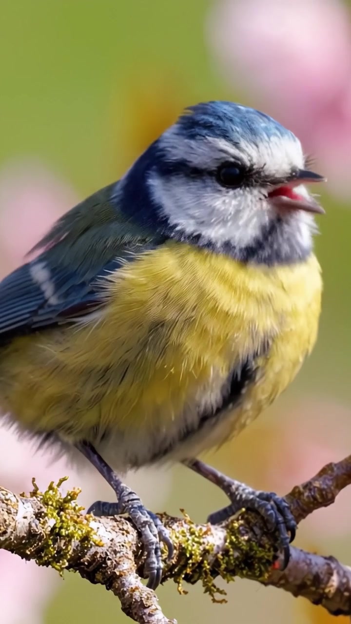 Un bellissimo uccello blu e giallo appollaiato con grazia su un ramo, circondato da uno sfondo fiorito delicatamente sfocato nello splendore primaverile.