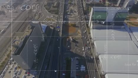 animation of mathematical equations over high angle view of cityscape