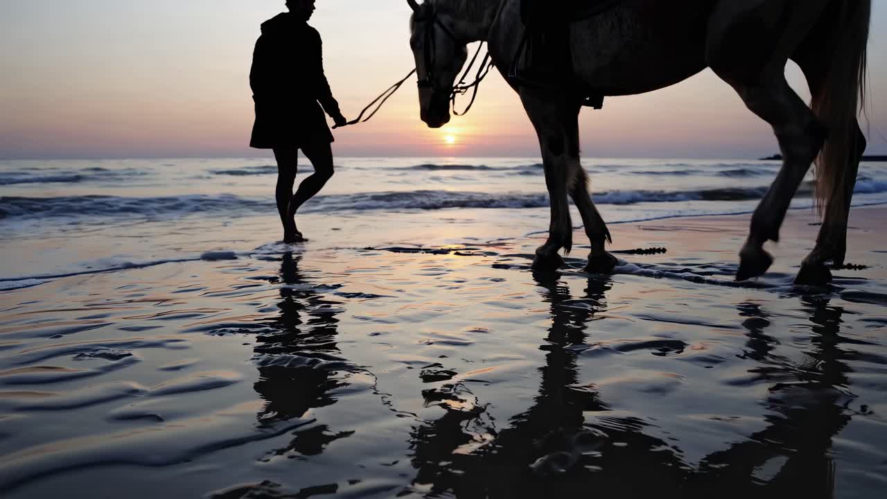 Woman and Horse on Beach at Sunset