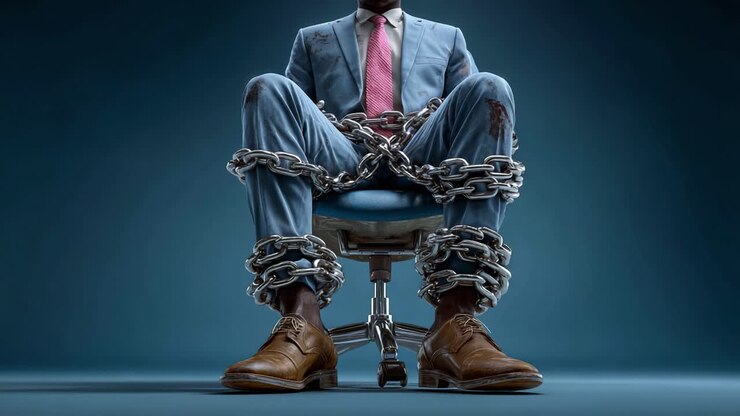 Una rappresentazione coinvolgente di confinamento e restrizione: la lotta per la libertà in abiti da lavoro, legato da catene e di fronte a limitazioni.