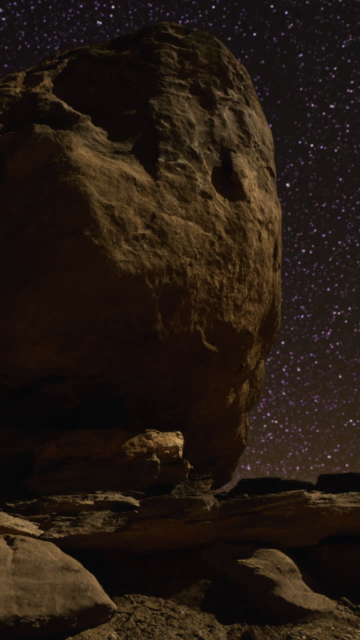Grande formazione rocciosa sotto un cielo notturno stellato in una località remota.