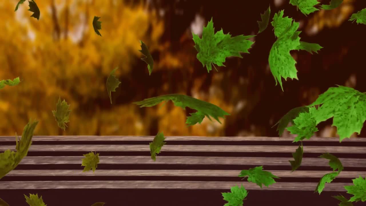 animación digital de múltiples hojas de otoño flotando sobre la superficie de madera contra el bosque