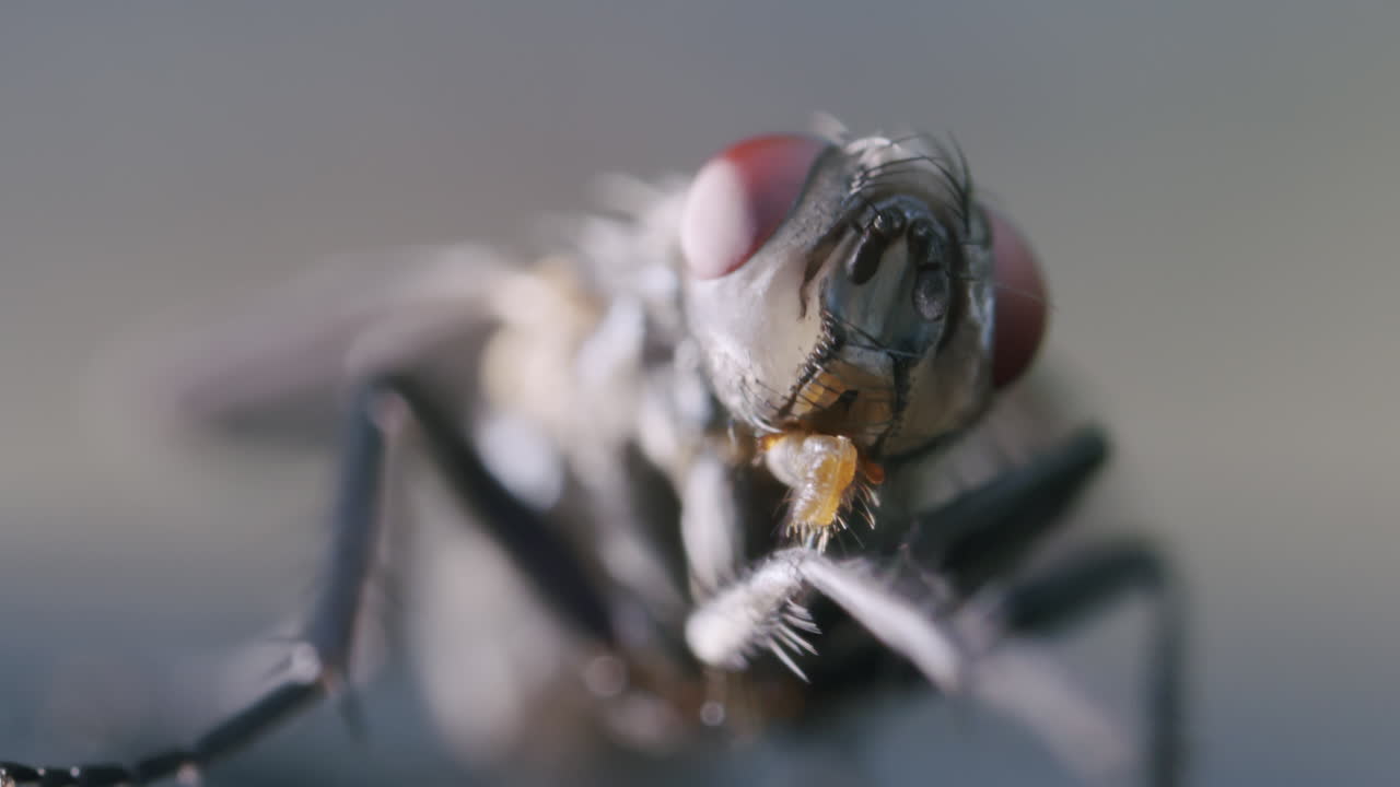 la mosca doméstica se limpia a sí misma, la probóscide es visible, vista frontal en macro