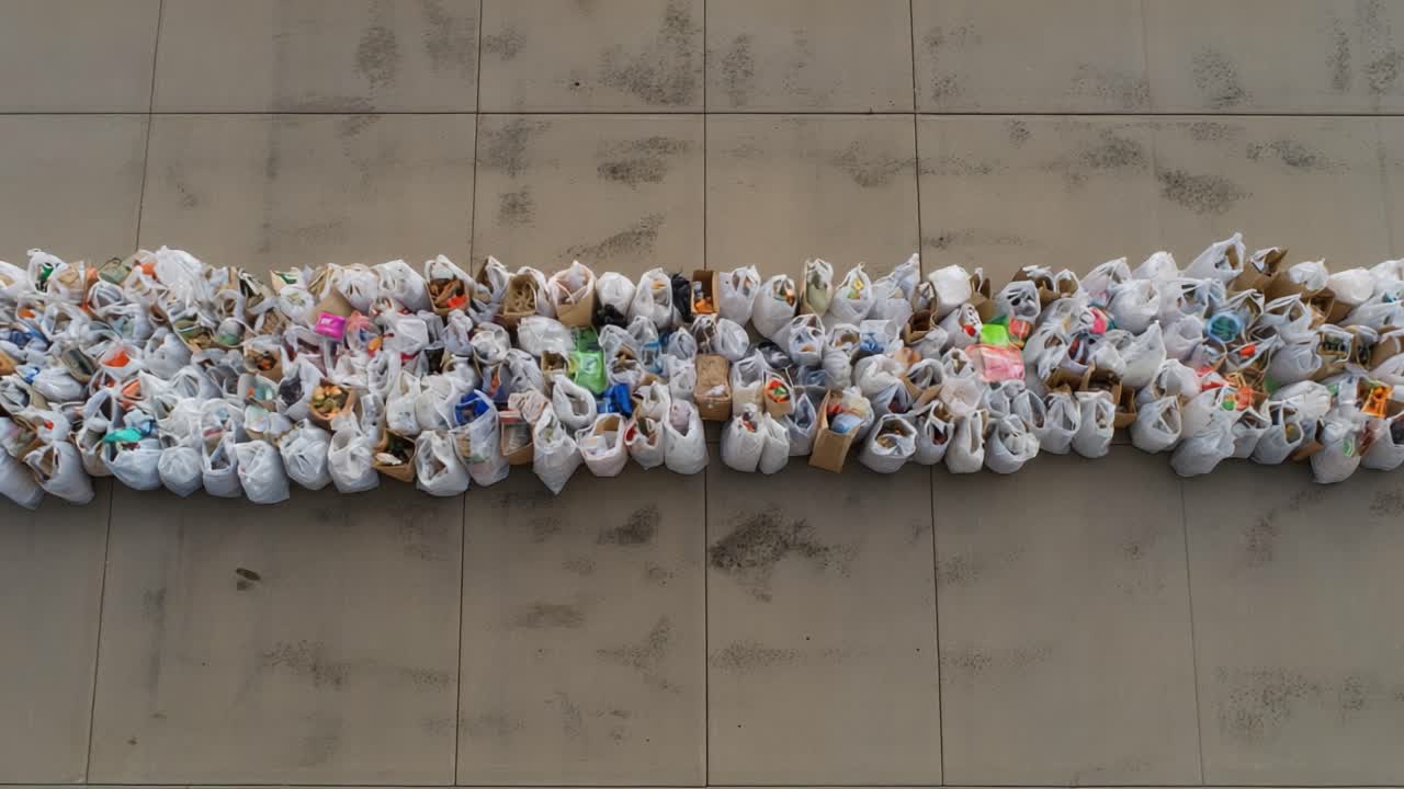 Aerial View of Numerous Garbage Bags Lined Up on a Concrete Surface, Highlighting Waste Management and Community Clean-Up Efforts with Colorful Contents