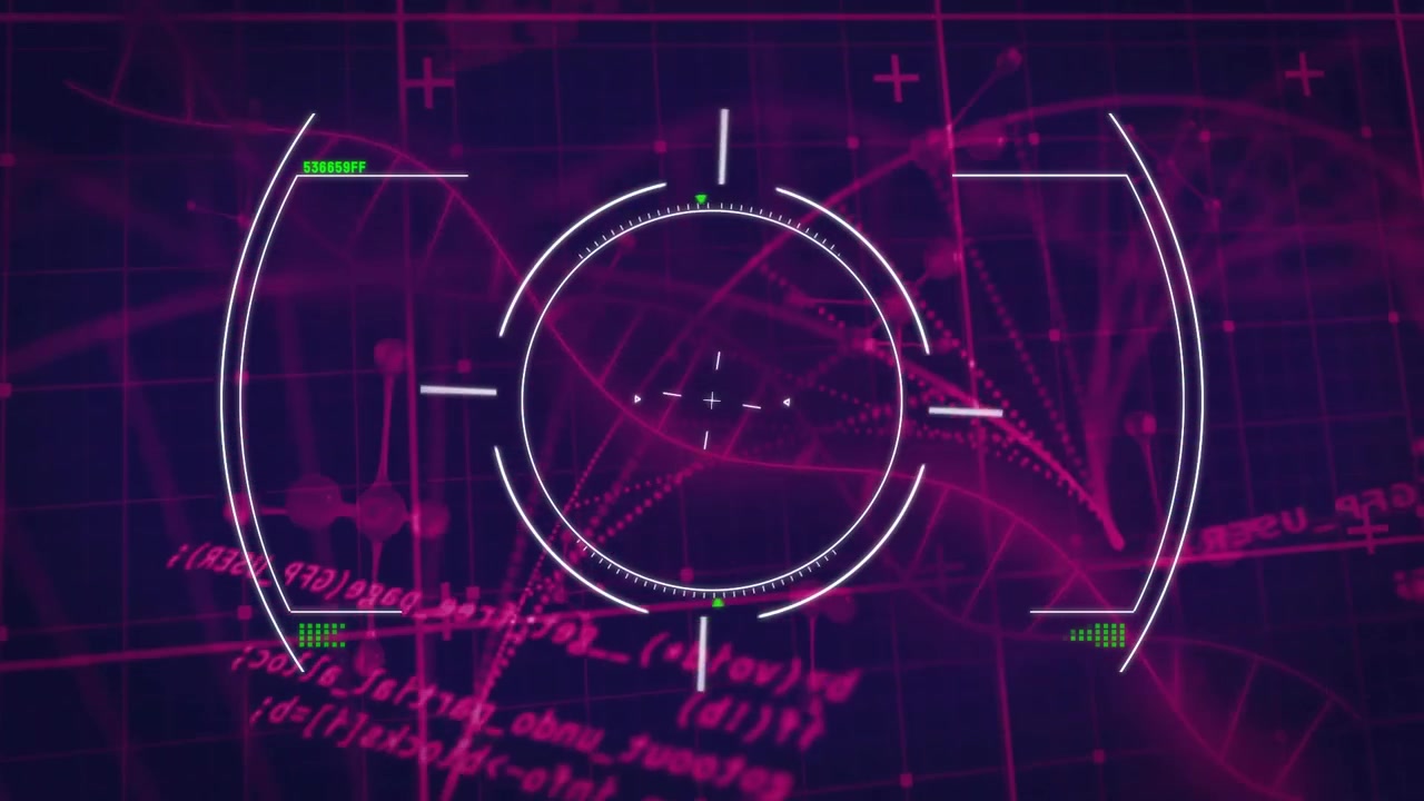 Vid start avslöjar ett magentafärgat rutnät en koncentrisk HUD för analys, med roterande bågar och flimrande störningar.