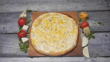 delicious white cheese pizza with blue cheese and toppings