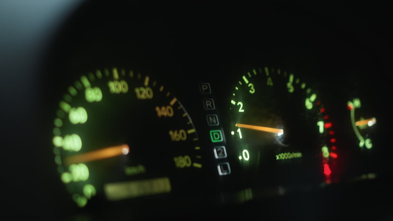blurry illuminated speedometer and tachometer glow closeup of car instrument cluster at night with green backlight, needle movement suggesting acceleration, motion bokeh and low light atmosphere