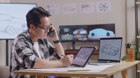 vista lateral de un hombre asiático hablando en su teléfono inteligente mientras dibuja el concepto de diseño de un nuevo automóvil en una tableta en el estudio con televisión y computadoras muestra modelo de coche eléctrico 3d