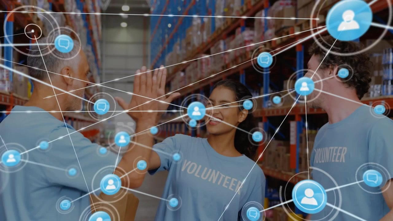 Animation of network of connections over diverse volunteers working in warehouse
